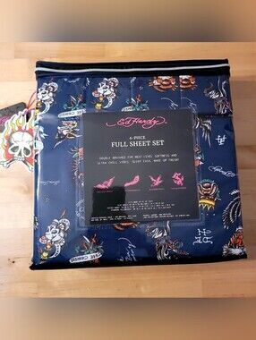 Ed Hardy Navy Tattoo-Print 6-Piece Full Sheet Set with Multicolor Accents